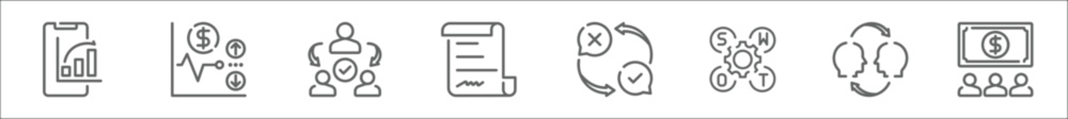 outline set of businessman line icons. linear vector icons such as analytics, volatility, delegation, authorization, decision making, swot analysis, mentorship, dividend