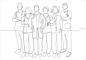 Single continuous single line drawing group of talented male and female doctors standing and posing together at hospital. Medical health care treatment concept one line draw design vector illustration