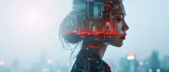 Futuristic composite of a woman with a cityscape, visualizing the intersection of humanity and technology