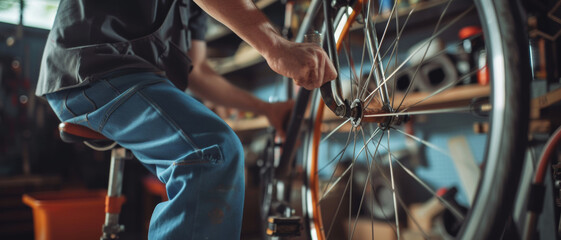 Focused mechanic repairing a bicycle wheel, illustrating skill and craftsmanship