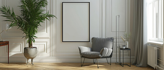 An elegant, sunlit living room corner featuring a cozy modern chair, marble-top side table, and an empty picture frame ready for art