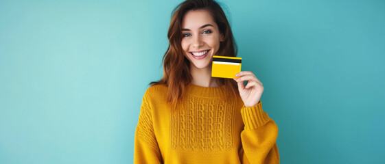Beaming woman with credit card, dressed in vibrant yellow, represents cheerful consumerism and financial freedom - obrazy, fototapety, plakaty