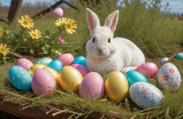 Fototapeta na wymiar Easter background, bunny and easter eggs, nature.