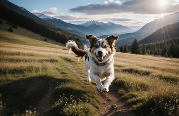 Szczęśliwy pies biegnący w górach po łące.
