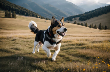 Szczęśliwy pies biegnący w górach po łące.