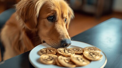 Dog in front of a plate of bitcoins
