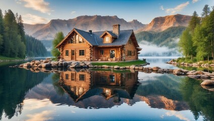 A beautiful log cabin on a lake, with reflections in the water. - obrazy, fototapety, plakaty