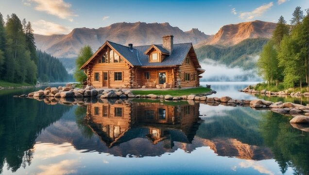 A beautiful log cabin on a lake, with reflections in the water.