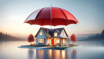 A house with an red umbrella on top, symbolizing home insurance and Protection concept - obrazy, fototapety, plakaty