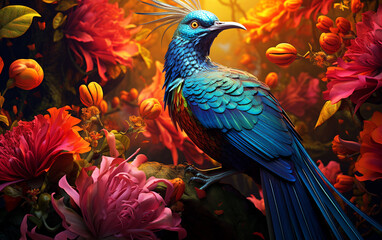 Fototapeta premium Exotic Fantasy: High Detail Paradise Bird on Floral Background