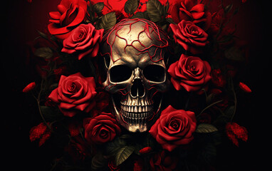 Eternal Passion: High Detail Red Rose and Skull Illustration