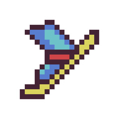 Obraz premium Ski and Ski Boot, winter sport icon. Skiing equipment isolated on white background pixel art style vector illustration. Elements for ski resort, mountain activities, logo. 8-bit.