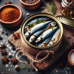 Canned fish in a jar. Sprats in a tin can. Fish in oil - obrazy, fototapety, plakaty