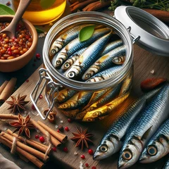 Foto op Aluminium Canned fish in a jar. Sprats in a tin can. Fish in oil © Floare
