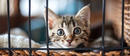 Adorable Domestic Cat Peeking out of a Cozy Cage, Looking at You