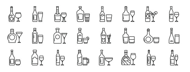 set of 24 outline web drink bottle icons such as brandy, beer, cognac, liquor, brandy, porto, martini vector icons for report, presentation, diagram, web design, mobile app