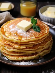 butter lies on a stack of ruddy wheat pancakes. Russian pancakes and Maslenitsa. delicious breakfast or snack
