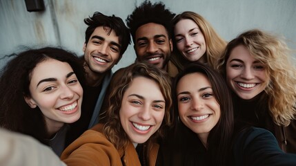 Fototapeta premium Friends smiling and taking selfie together with minimalistic cinematic backdrop Generative AI