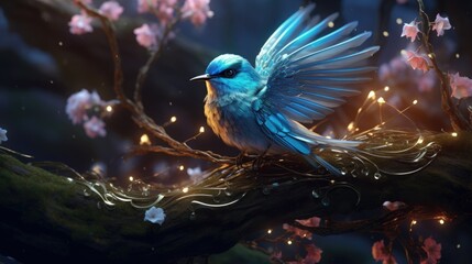 Cute little blue bird. Cute animals and birds. Spring symbol. Blue luck bird. glow and bokeh