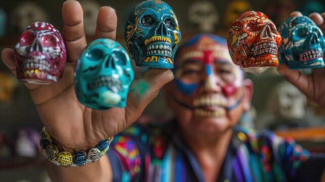 A man holds Mayan skulls