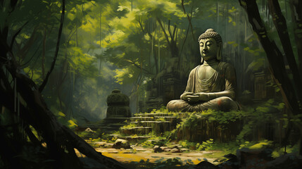 Buddha Statue Amidst Tall Trees - obrazy, fototapety, plakaty