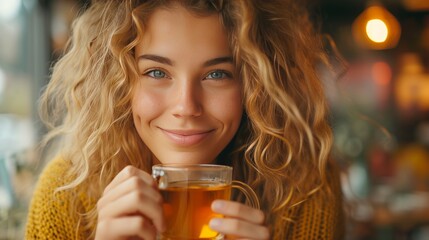 A young woman with blond curly hair brews tea in a glass jar, large copyspace area, offcenter composition.