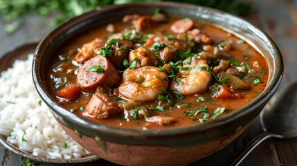 A rich and hearty gumbo, a Southern specialty, brimming with seafood, sausage, and okra, served over rice