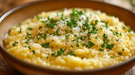 Creamy saffron-infused risotto, a signature dish from Milan, garnished with parmesan cheese