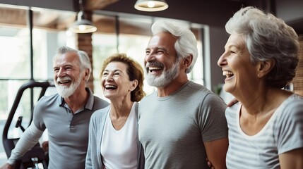 Group of Senior Citizens Laughing in Minimalistic Gym Generative AI