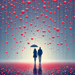 Neural Love: Minimalist Valentines Background with Rain of Hearts.