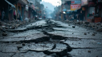 Earthquake Aftermath: Cracked streets and damaged buildings reveal the aftermath of a powerful earthquake.