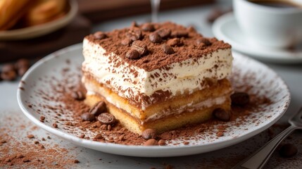 An irresistible dessert of layered mascarpone cheese, coffee-soaked ladyfingers, and cocoa dusting.