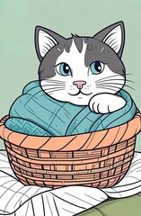 cat in a basket. Coloring book antistress for children and adults. Illustration isolated on white background. Zen-tangle style. Hand draw
