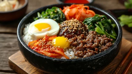 Fotobehang Bibimbap: Colorful, mixed rice bowl with vegetables, meat, and a spicy sauce, a Korean culinary masterpiece. © yganko
