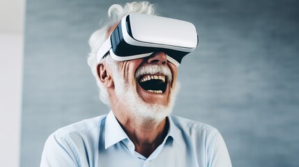 Laughing Senior Man Using Equipment in Minimalistic Cinematic Style Generative AI