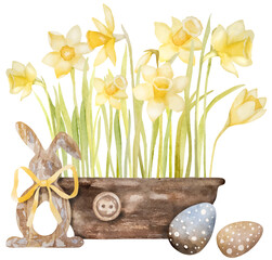 Watercolor Illustration Features Yellow Daffodils In A Pot, Easter Eggs And A Wooden Easter Bunny Decor