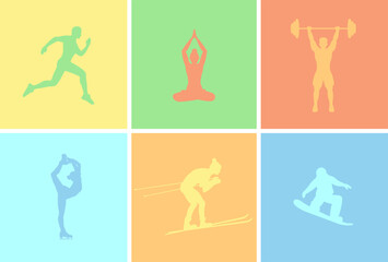 Colorful sport icons, silhouette, athlete figures. Gym poster, banner. Skiing, snowboarding, running, yoga, figure skating, weightlifting. Vector collection of athletic icons. Ski, skates. Retro style