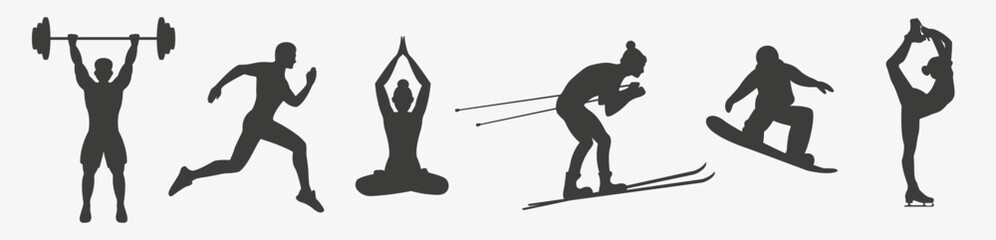 Sport icons, silhouette, athlete figures. Skiing, snowboarding, running, yoga, figure skating, weightlifting. Vector collection of one color icons. Ski, skates, barbell, snowboard, gym