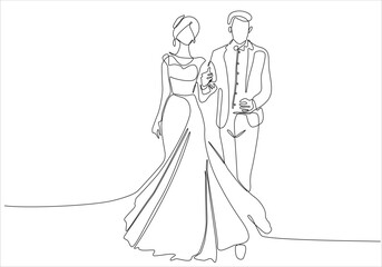 continuous line drawing of Couples who love each other get married. Newlyweds holding hands, hugging. Element for wedding invitations isolated on white background. vector illustration
