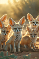 Fototapeta premium Fennec family sitting in the desert with setting sun shining. Group of wild animals in nature.