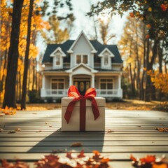 A gift for a housewarming party from a real estate agency. A surprise bow and ribbon in front of a new home. The sale of the house. Presentation, advertising campaign, post, banner. Social media