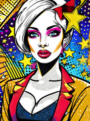 Fototapeta na wymiar Colourful PopArt Illustration Of a Girl With Stars In The Background