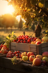 Various kinds of fruits harvested in a wooden box in an orchard with sunset. Natural organic fruit...