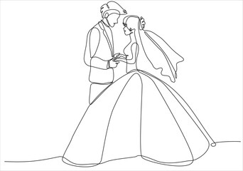 continuous line drawing of Couples who love each other get married. Newlyweds holding hands, hugging. Element for wedding invitations isolated on white background. vector illustration