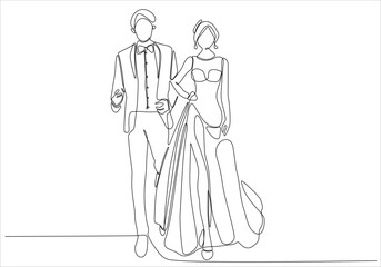 continuous line drawing of Couples who love each other get married. Newlyweds holding hands, hugging. Element for wedding invitations isolated on white background. vector illustration