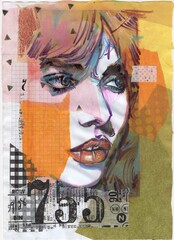 Woman portrait in urban style. Original illustration in sketch and paper collage  technique 