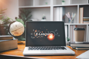 E-learning and online education for student and university concept. Laptop with inscription on...