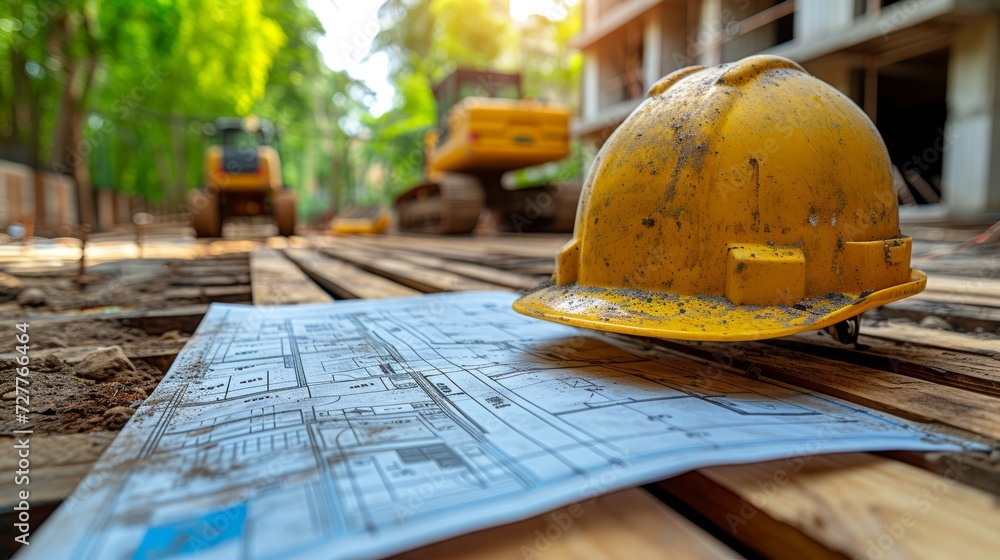 Poster construction worker with hard hat and blueprint generative ai