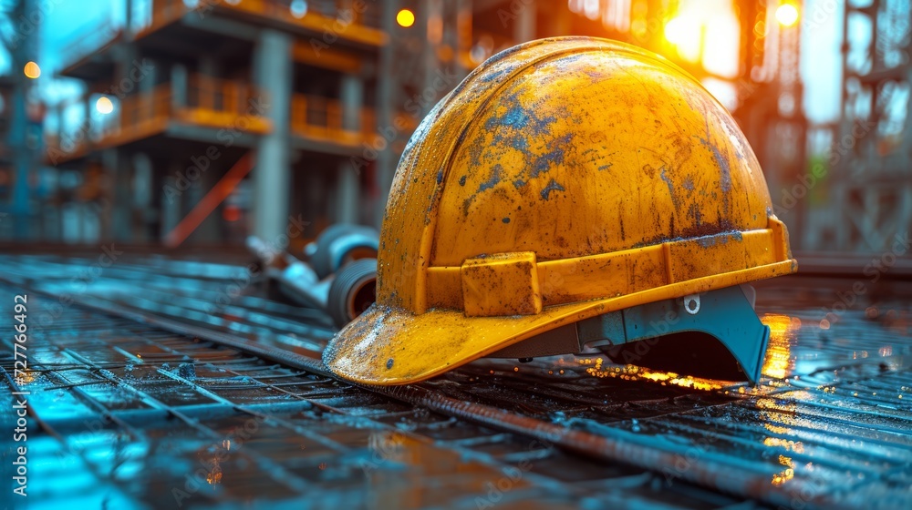 Poster construction worker with hard hat and blueprint generative ai