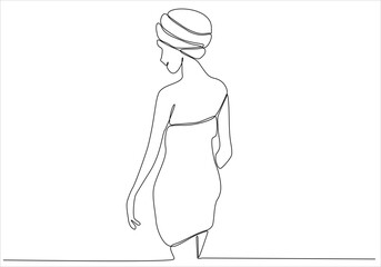 Woman in a towel line drawing. Line art bathroom print. Minimal sexy woman portrait. Spa salon illustration